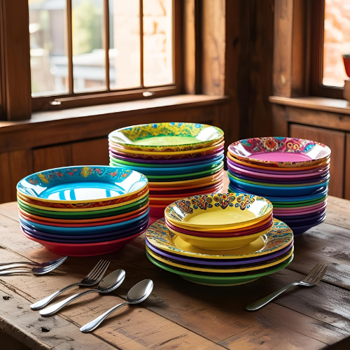 Melamine Plates Set, Durable Colorful Tableware for Outdoor Dining, Perfect Gift for Housewarming or Birthday Celebrations